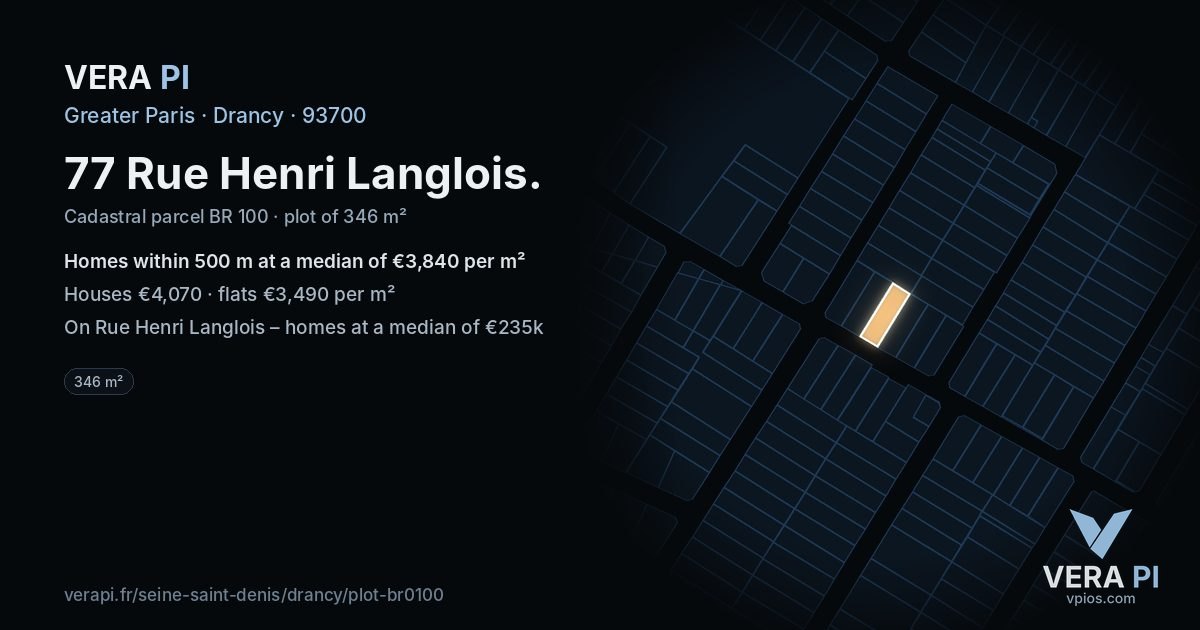 77 Rue Henri Langlois, Drancy at night – the plot lit, the parcels around coloured by the prices near them