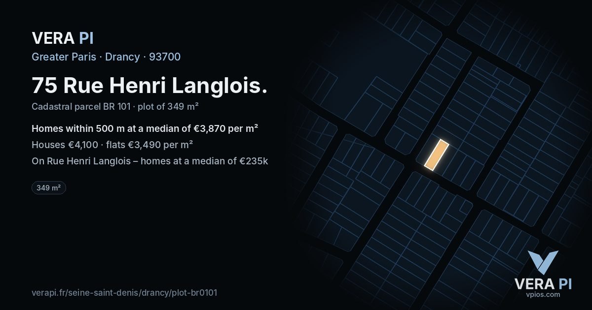 75 Rue Henri Langlois, Drancy at night – the plot lit, the parcels around coloured by the prices near them