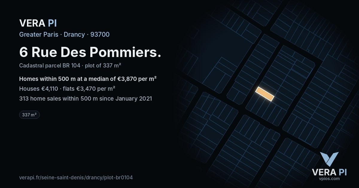6 Rue Des Pommiers, Drancy at night – the plot lit, the parcels around coloured by the prices near them