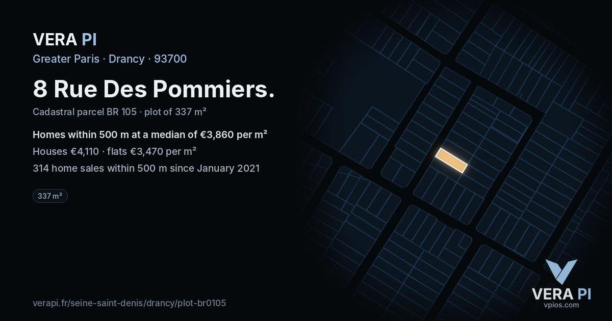 8 Rue Des Pommiers, Drancy at night – the plot lit, the parcels around coloured by the prices near them