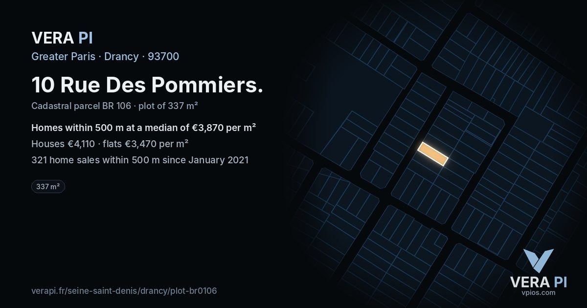 10 Rue Des Pommiers, Drancy at night – the plot lit, the parcels around coloured by the prices near them
