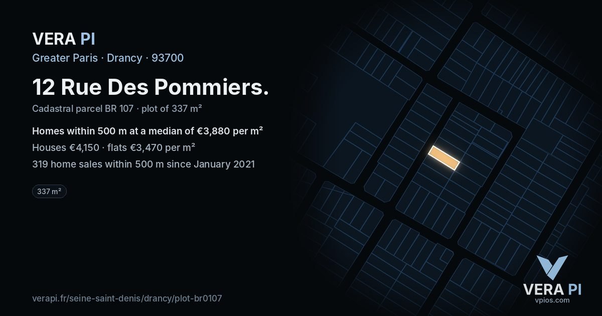 12 Rue Des Pommiers, Drancy at night – the plot lit, the parcels around coloured by the prices near them