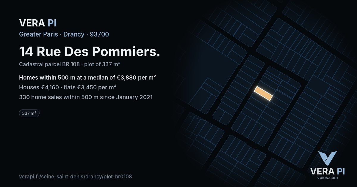 14 Rue Des Pommiers, Drancy at night – the plot lit, the parcels around coloured by the prices near them
