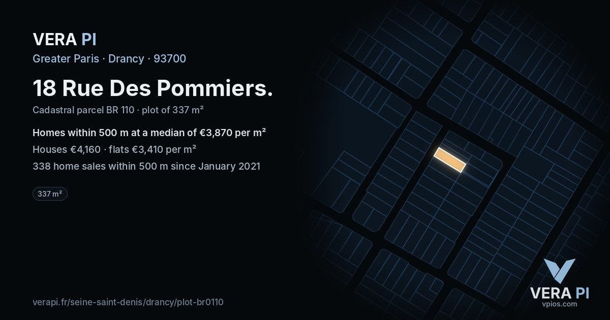 18 Rue Des Pommiers, Drancy at night – the plot lit, the parcels around coloured by the prices near them