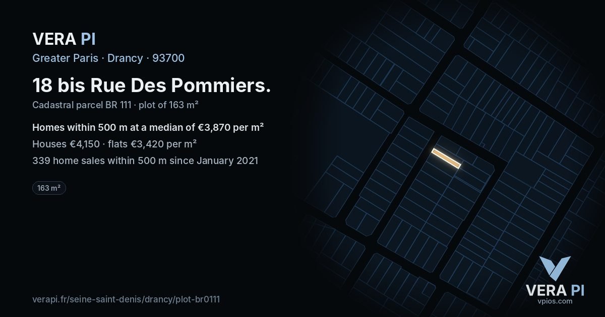 18 bis Rue Des Pommiers, Drancy at night – the plot lit, the parcels around coloured by the prices near them