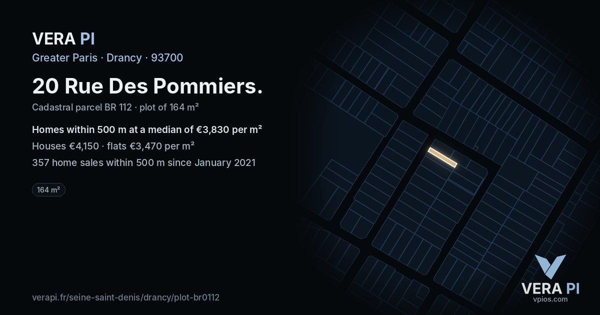 20 Rue Des Pommiers, Drancy at night – the plot lit, the parcels around coloured by the prices near them