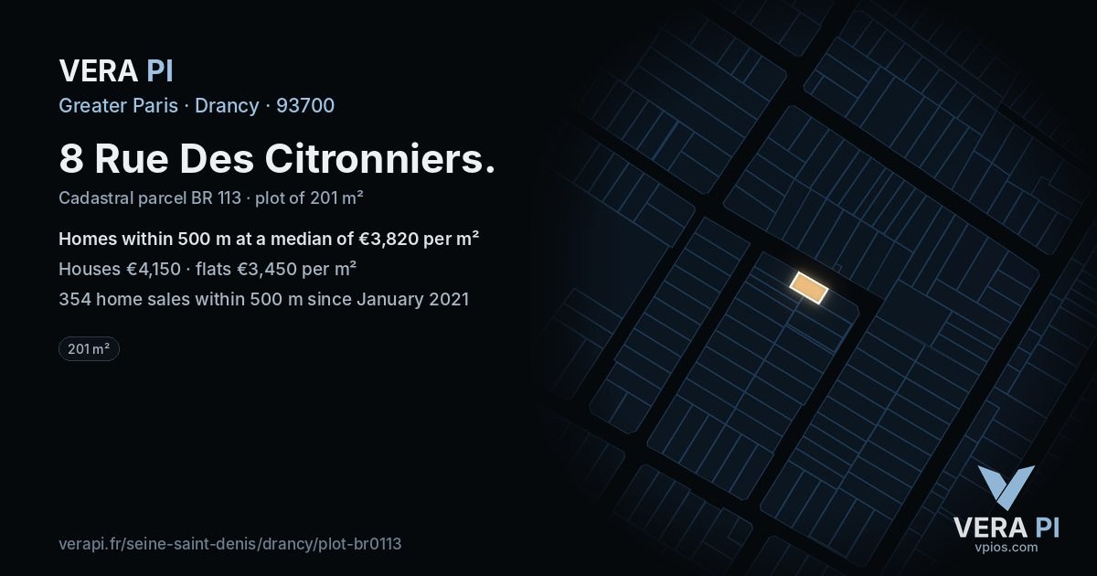 8 Rue Des Citronniers, Drancy at night – the plot lit, the parcels around coloured by the prices near them