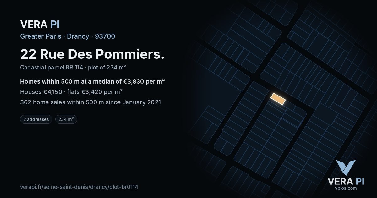 22 Rue Des Pommiers, Drancy at night – the plot lit, the parcels around coloured by the prices near them