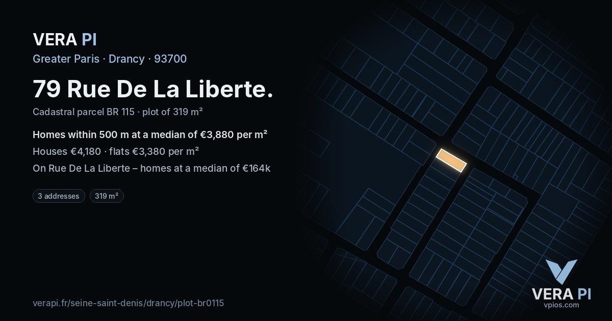 79 Rue De La Liberte, Drancy at night – the plot lit, the parcels around coloured by the prices near them