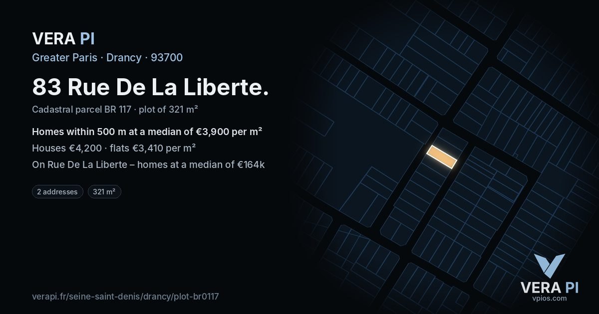 83 Rue De La Liberte, Drancy at night – the plot lit, the parcels around coloured by the prices near them