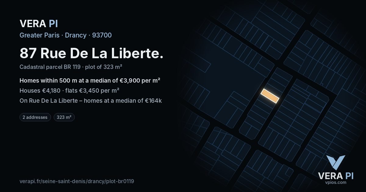 87 Rue De La Liberte, Drancy at night – the plot lit, the parcels around coloured by the prices near them