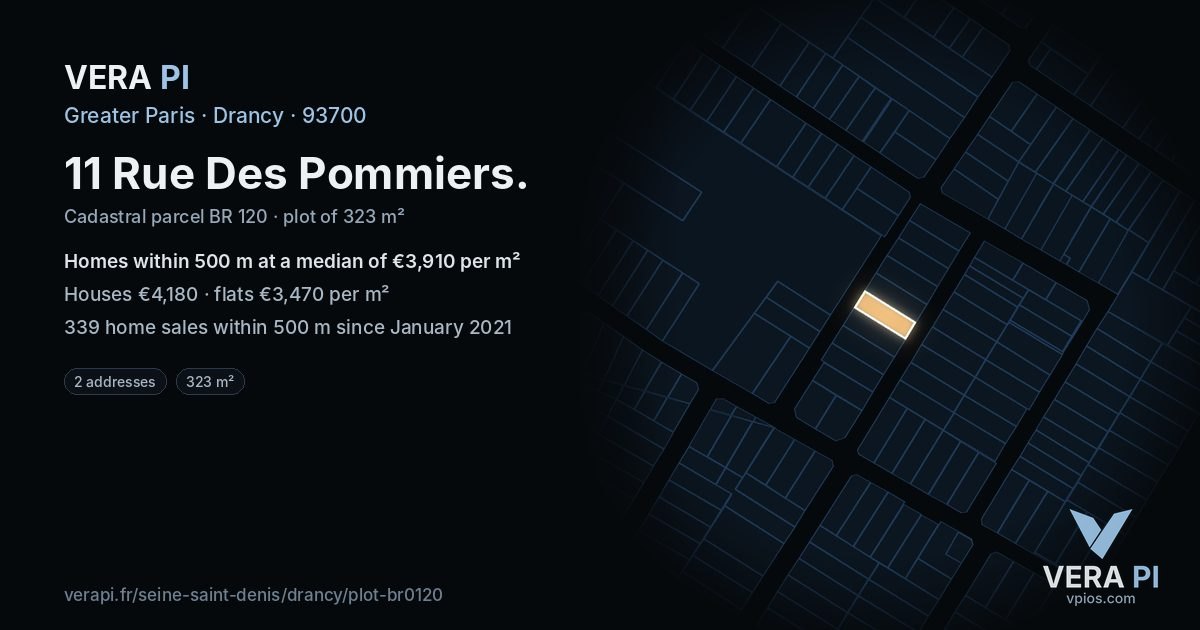 11 Rue Des Pommiers, Drancy at night – the plot lit, the parcels around coloured by the prices near them