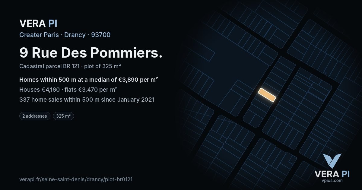 9 Rue Des Pommiers, Drancy at night – the plot lit, the parcels around coloured by the prices near them