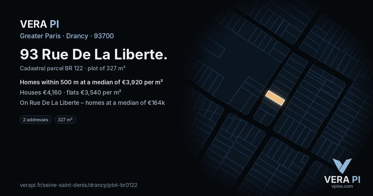 93 Rue De La Liberte, Drancy at night – the plot lit, the parcels around coloured by the prices near them