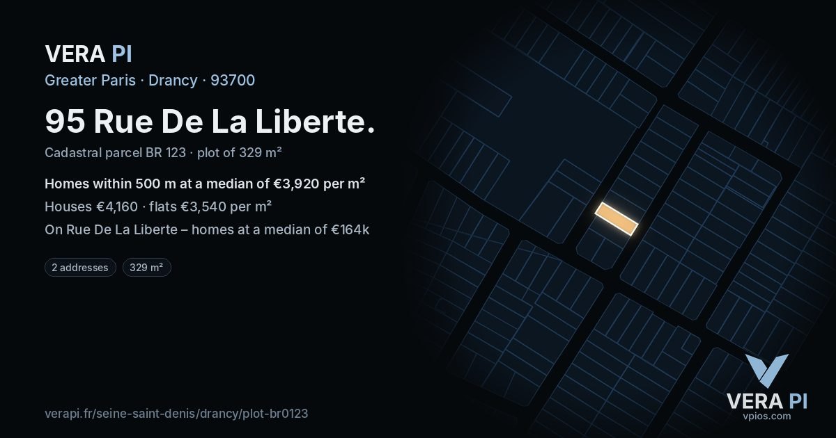 95 Rue De La Liberte, Drancy at night – the plot lit, the parcels around coloured by the prices near them
