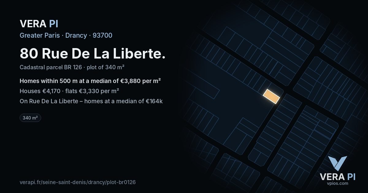80 Rue De La Liberte, Drancy at night – the plot lit, the parcels around coloured by the prices near them