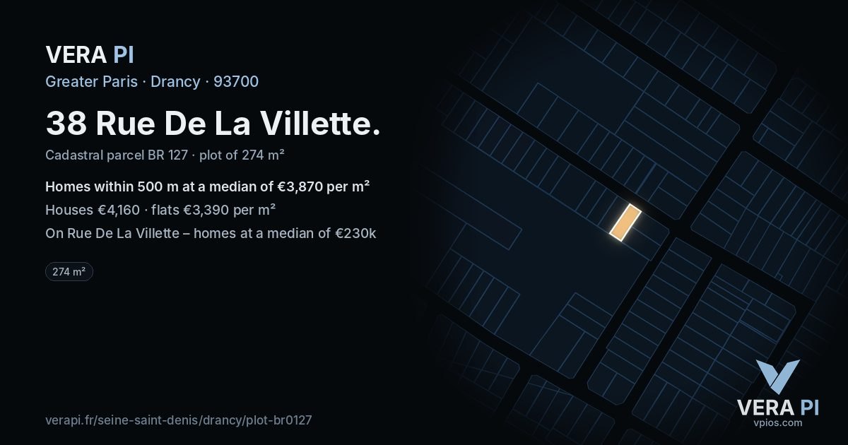 38 Rue De La Villette, Drancy at night – the plot lit, the parcels around coloured by the prices near them