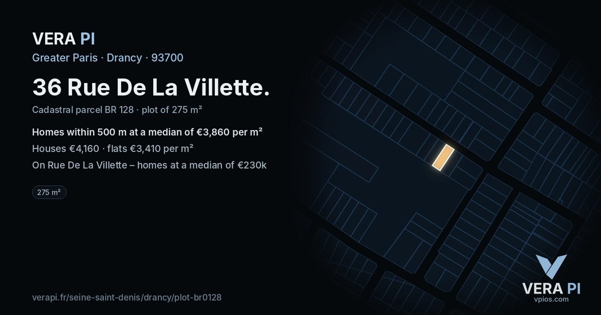 36 Rue De La Villette, Drancy at night – the plot lit, the parcels around coloured by the prices near them
