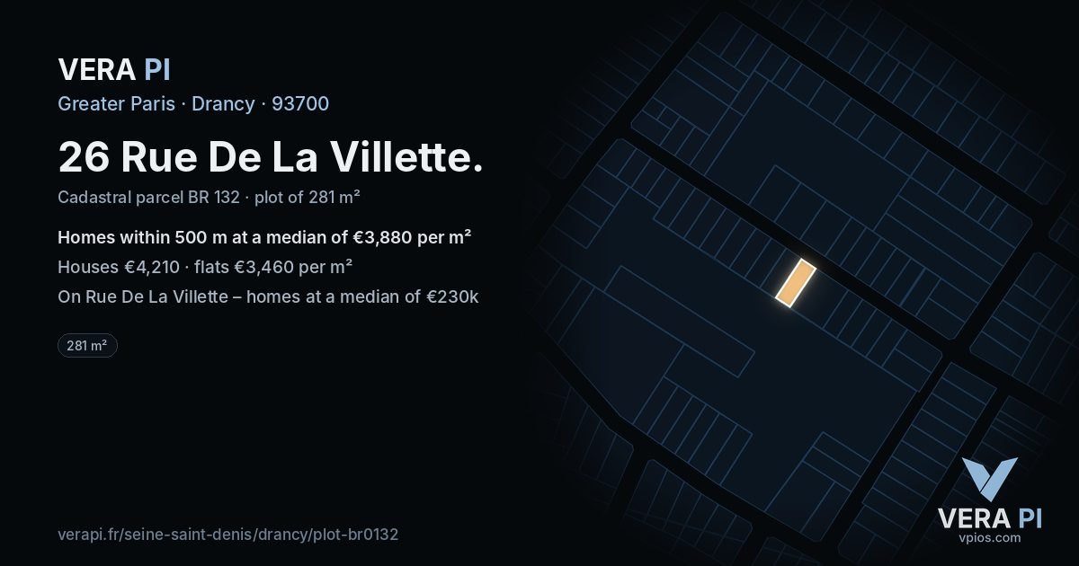 26 Rue De La Villette, Drancy at night – the plot lit, the parcels around coloured by the prices near them