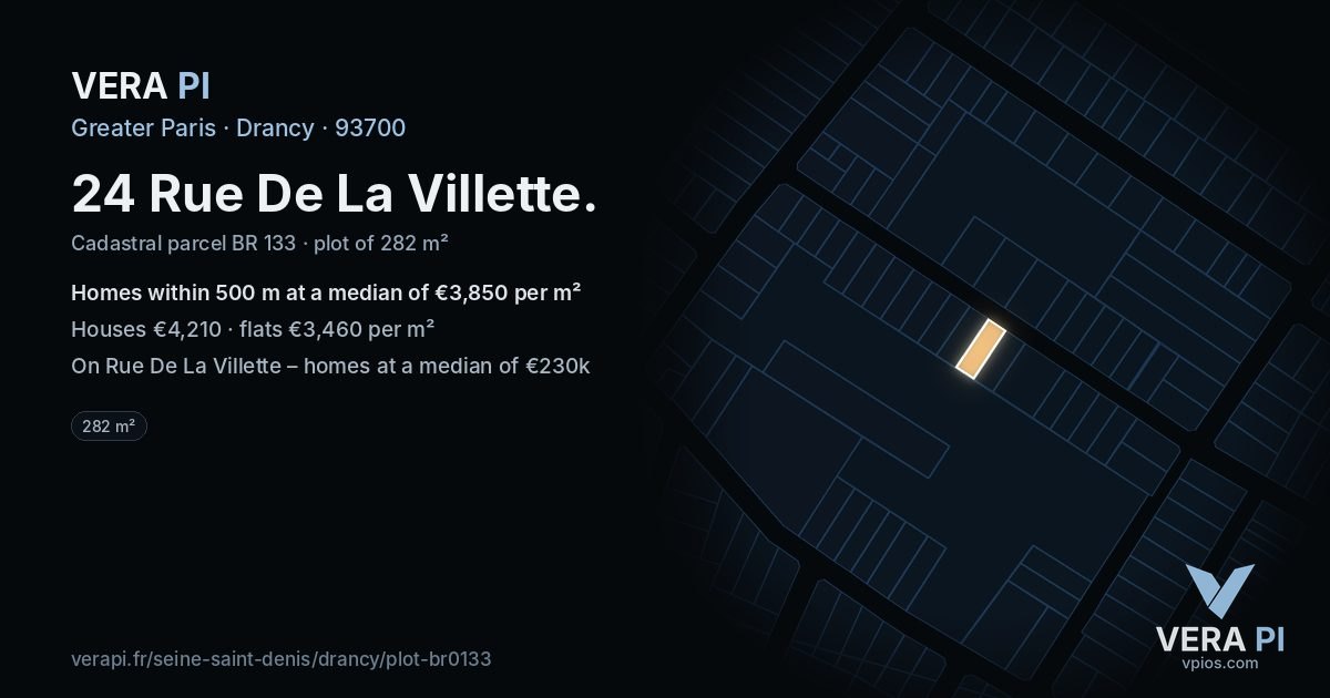 24 Rue De La Villette, Drancy at night – the plot lit, the parcels around coloured by the prices near them