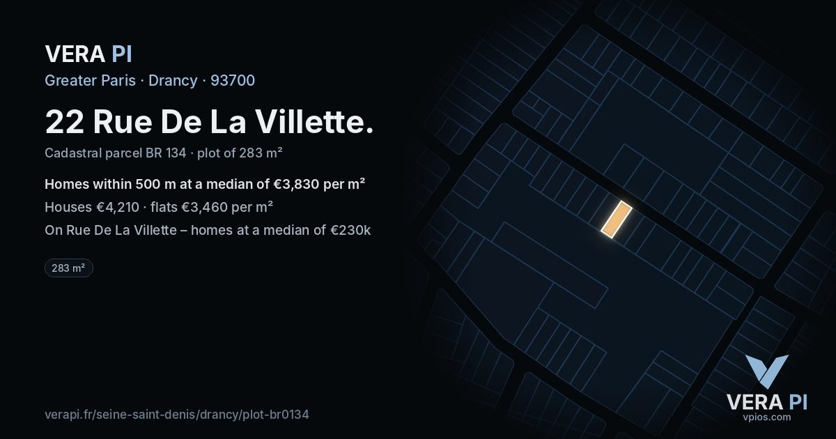 22 Rue De La Villette, Drancy at night – the plot lit, the parcels around coloured by the prices near them