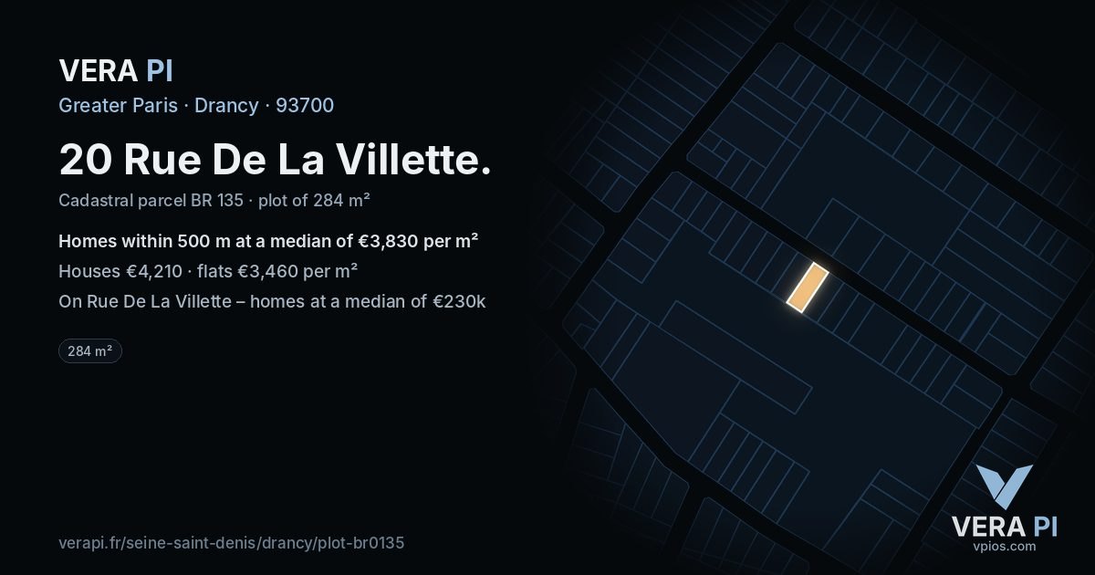 20 Rue De La Villette, Drancy at night – the plot lit, the parcels around coloured by the prices near them