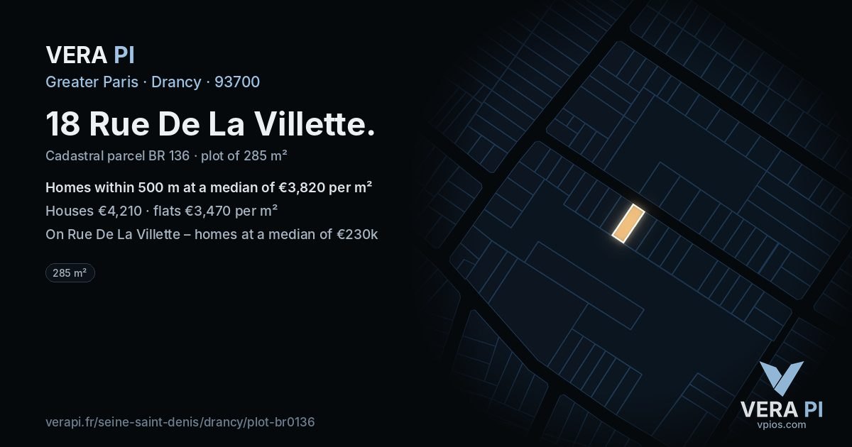 18 Rue De La Villette, Drancy at night – the plot lit, the parcels around coloured by the prices near them