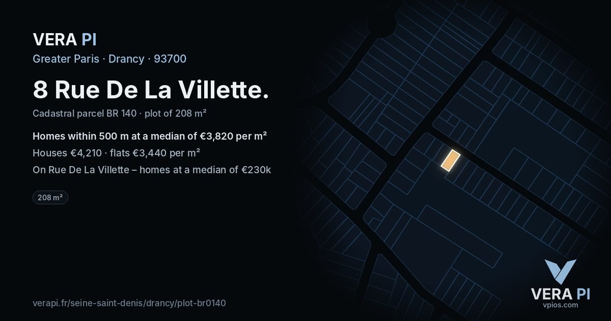 8 Rue De La Villette, Drancy at night – the plot lit, the parcels around coloured by the prices near them