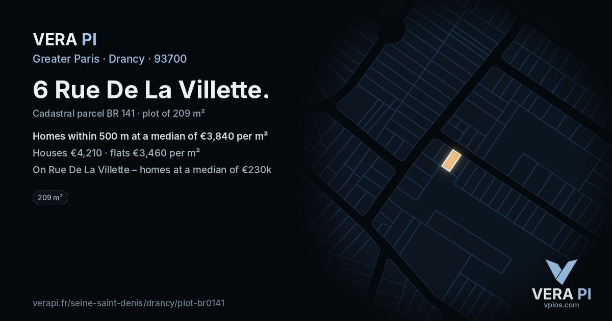 6 Rue De La Villette, Drancy at night – the plot lit, the parcels around coloured by the prices near them