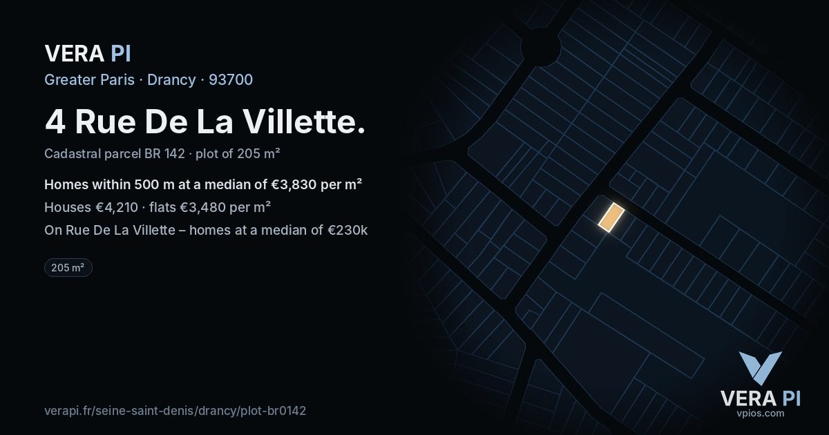 4 Rue De La Villette, Drancy at night – the plot lit, the parcels around coloured by the prices near them