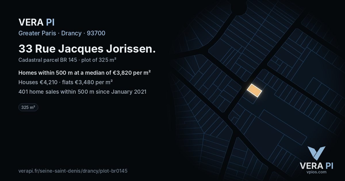 33 Rue Jacques Jorissen, Drancy at night – the plot lit, the parcels around coloured by the prices near them