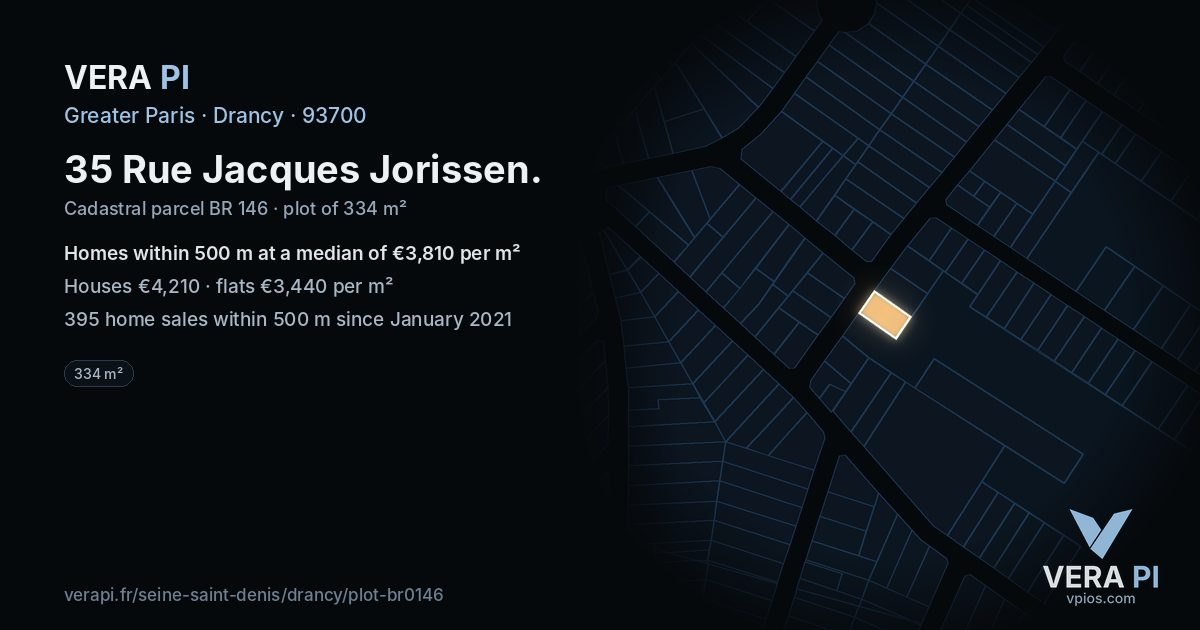 35 Rue Jacques Jorissen, Drancy at night – the plot lit, the parcels around coloured by the prices near them