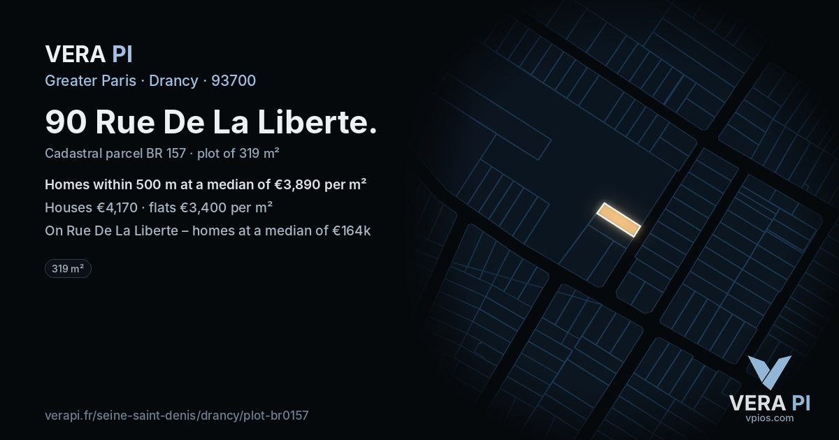 90 Rue De La Liberte, Drancy at night – the plot lit, the parcels around coloured by the prices near them