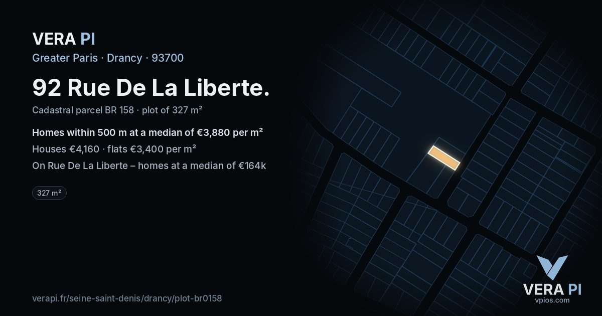 92 Rue De La Liberte, Drancy at night – the plot lit, the parcels around coloured by the prices near them