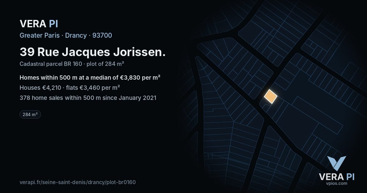 39 Rue Jacques Jorissen, Drancy at night – the plot lit, the parcels around coloured by the prices near them