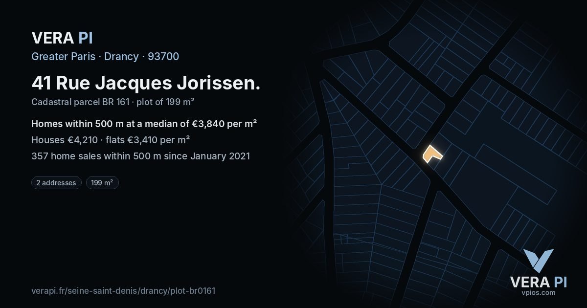 41 Rue Jacques Jorissen, Drancy at night – the plot lit, the parcels around coloured by the prices near them