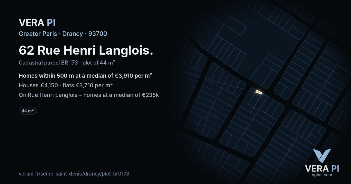 62 Rue Henri Langlois, Drancy at night – the plot lit, the parcels around coloured by the prices near them