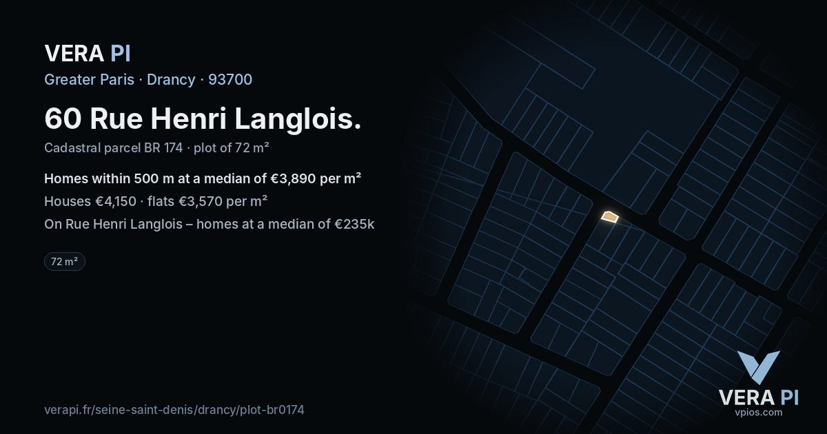 60 Rue Henri Langlois, Drancy at night – the plot lit, the parcels around coloured by the prices near them