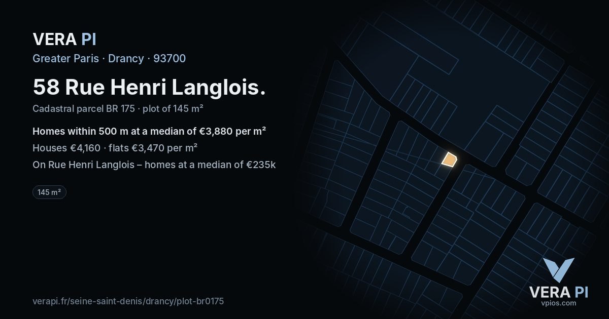 58 Rue Henri Langlois, Drancy at night – the plot lit, the parcels around coloured by the prices near them