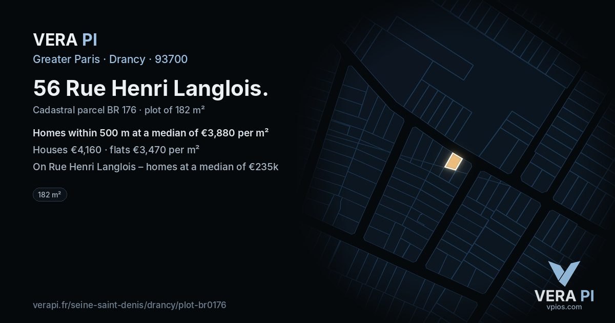 56 Rue Henri Langlois, Drancy at night – the plot lit, the parcels around coloured by the prices near them