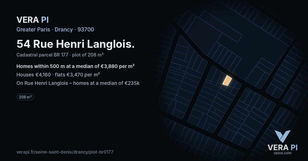 54 Rue Henri Langlois, Drancy at night – the plot lit, the parcels around coloured by the prices near them