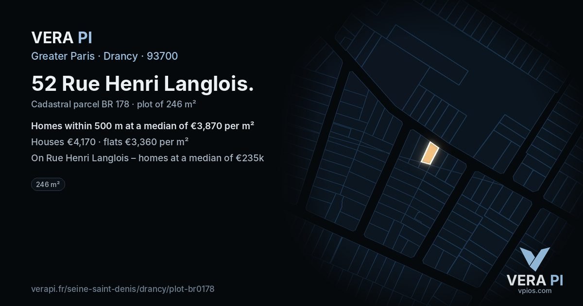 52 Rue Henri Langlois, Drancy at night – the plot lit, the parcels around coloured by the prices near them
