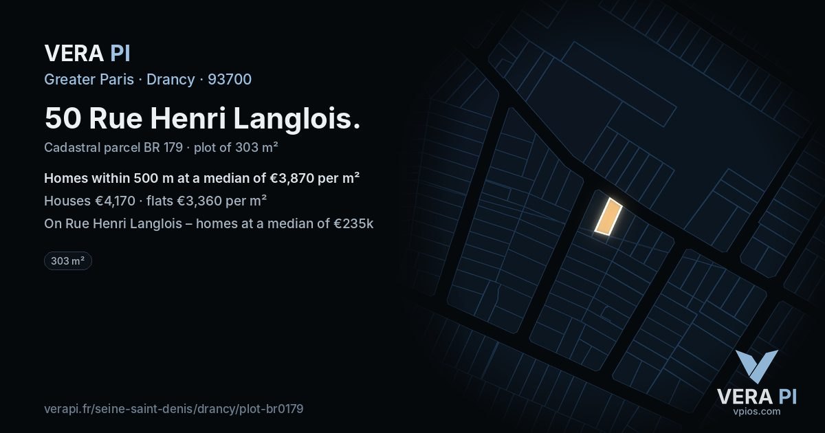 50 Rue Henri Langlois, Drancy at night – the plot lit, the parcels around coloured by the prices near them