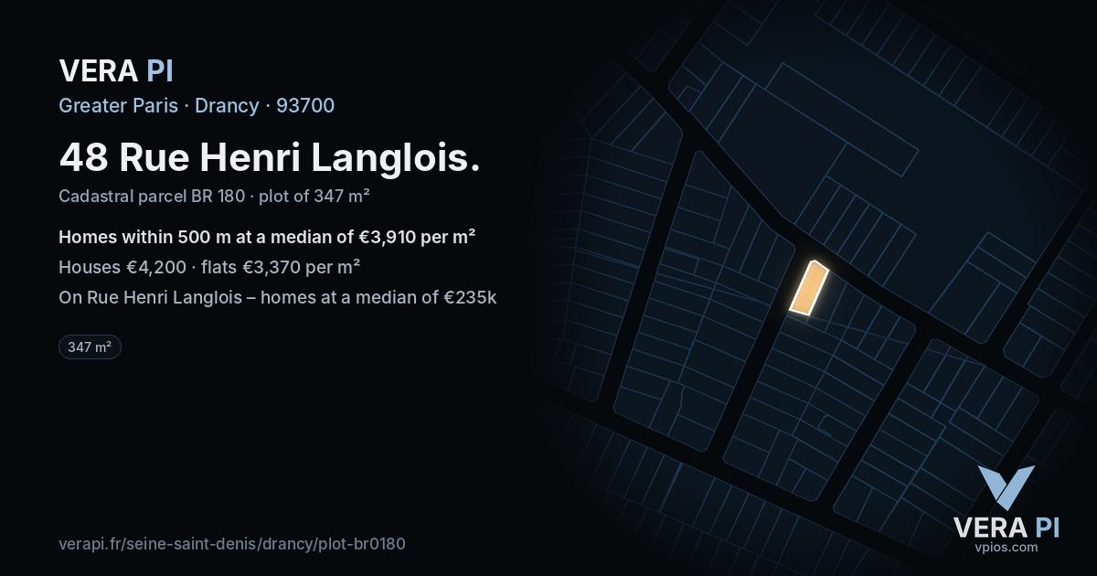 48 Rue Henri Langlois, Drancy at night – the plot lit, the parcels around coloured by the prices near them