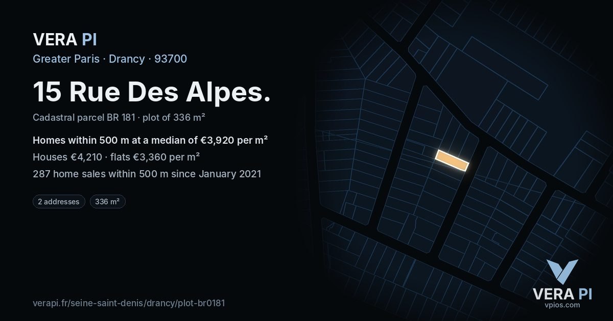 15 Rue Des Alpes, Drancy at night – the plot lit, the parcels around coloured by the prices near them