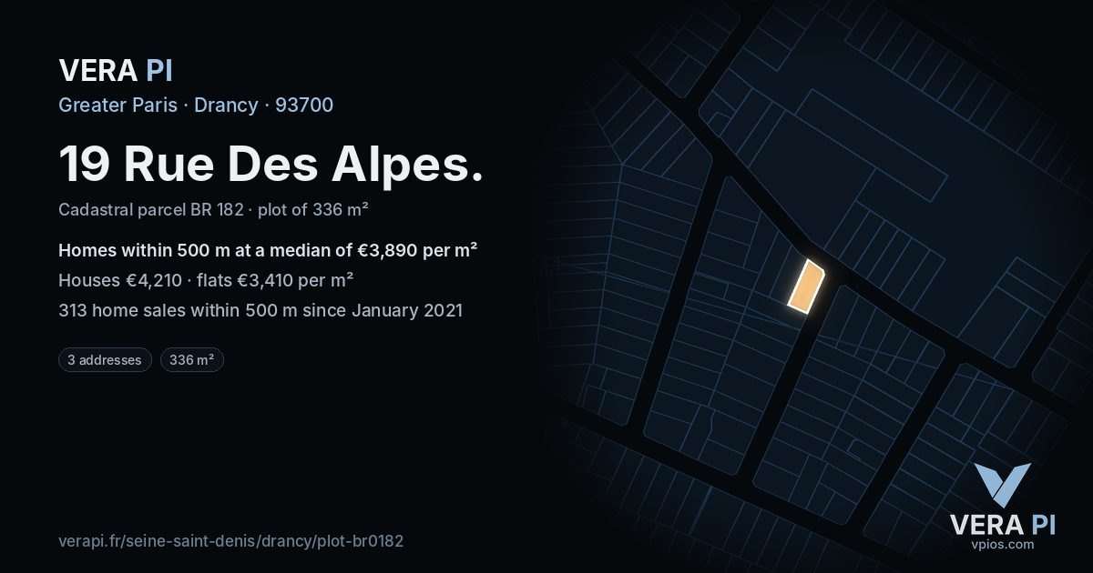 19 Rue Des Alpes, Drancy at night – the plot lit, the parcels around coloured by the prices near them