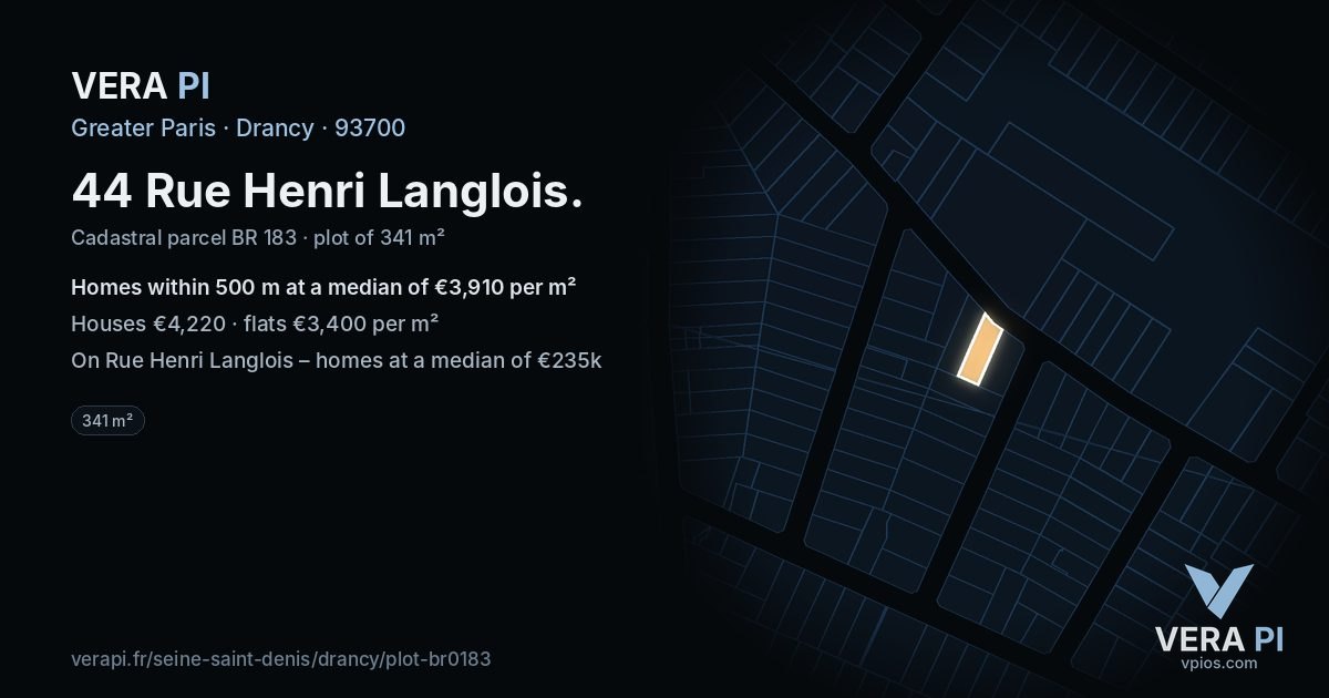 44 Rue Henri Langlois, Drancy at night – the plot lit, the parcels around coloured by the prices near them