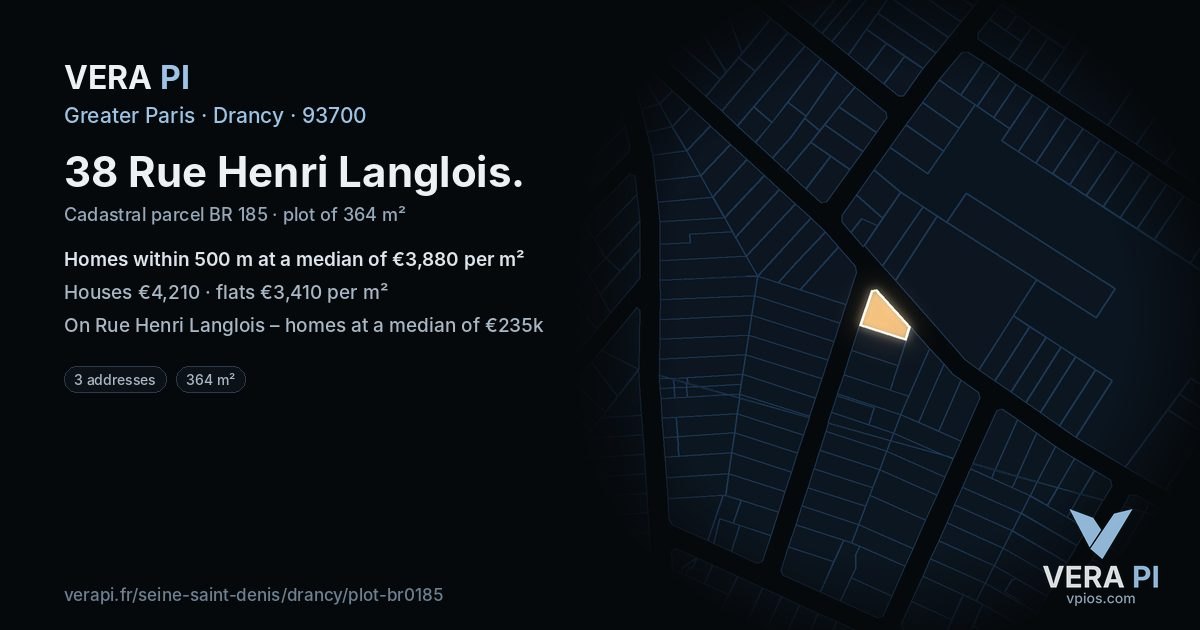 38 Rue Henri Langlois, Drancy at night – the plot lit, the parcels around coloured by the prices near them