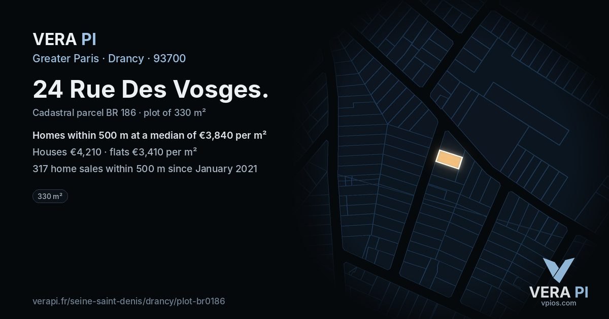 24 Rue Des Vosges, Drancy at night – the plot lit, the parcels around coloured by the prices near them