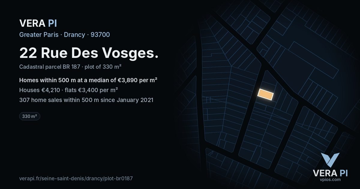 22 Rue Des Vosges, Drancy at night – the plot lit, the parcels around coloured by the prices near them